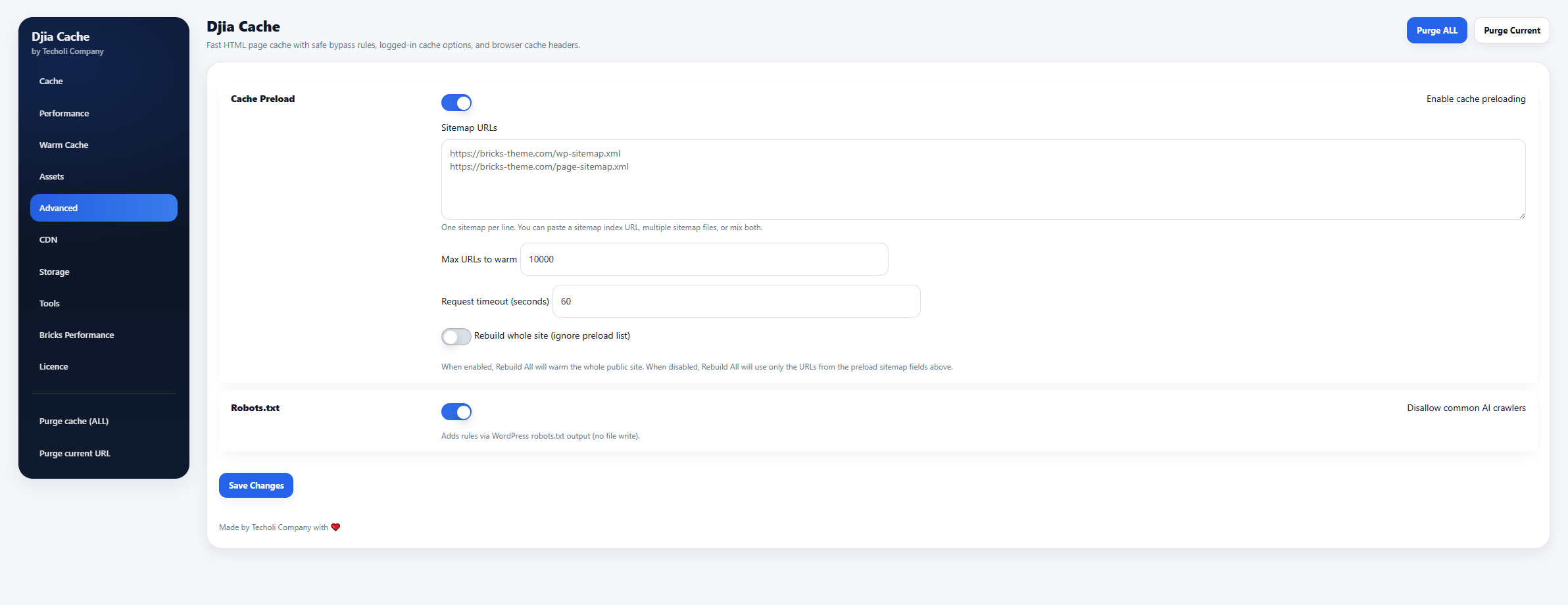 DJIA Cache Advanced tab settings screen
