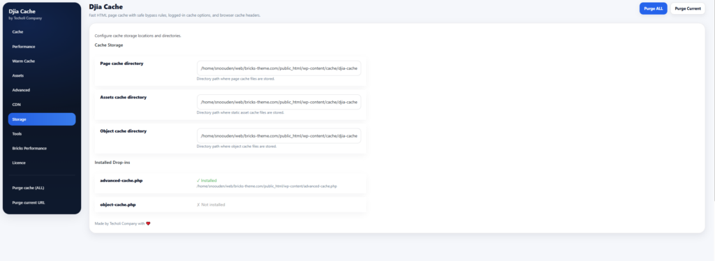 DJIA Cache Storage tab settings screen