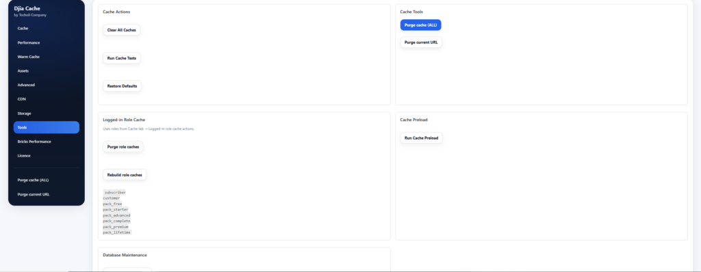 DJIA Cache Tools tab settings screen