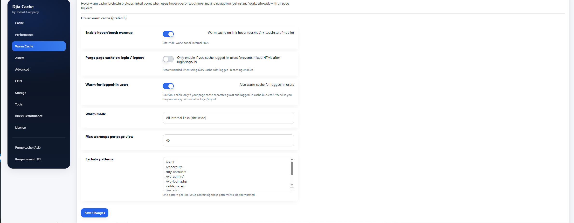 Warm cache settings used in the DJIA Cache speed comparison