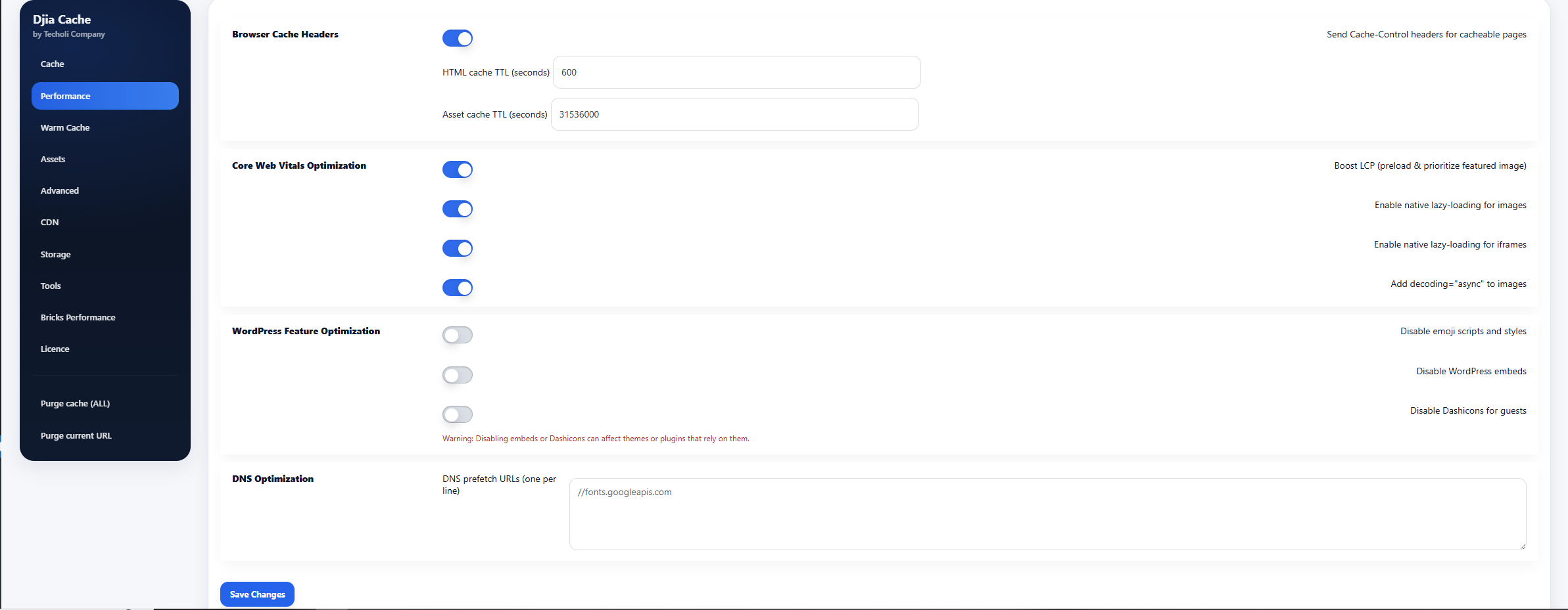 WP Rocket alternative: the DJIA Cache Performance tab used in these speed tests